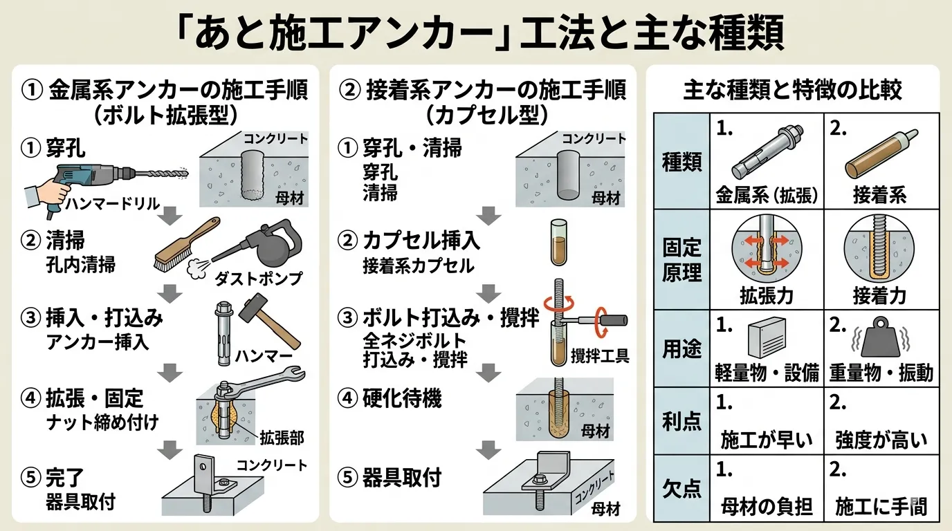 あと施工アンカーの概要イメージ（接着系アンカーと金属拡張系アンカーの断面図）