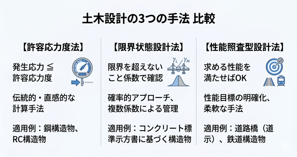 土木設計の3つの手法（許容応力度法・限界状態設計法・性能照査型設計法）の比較図