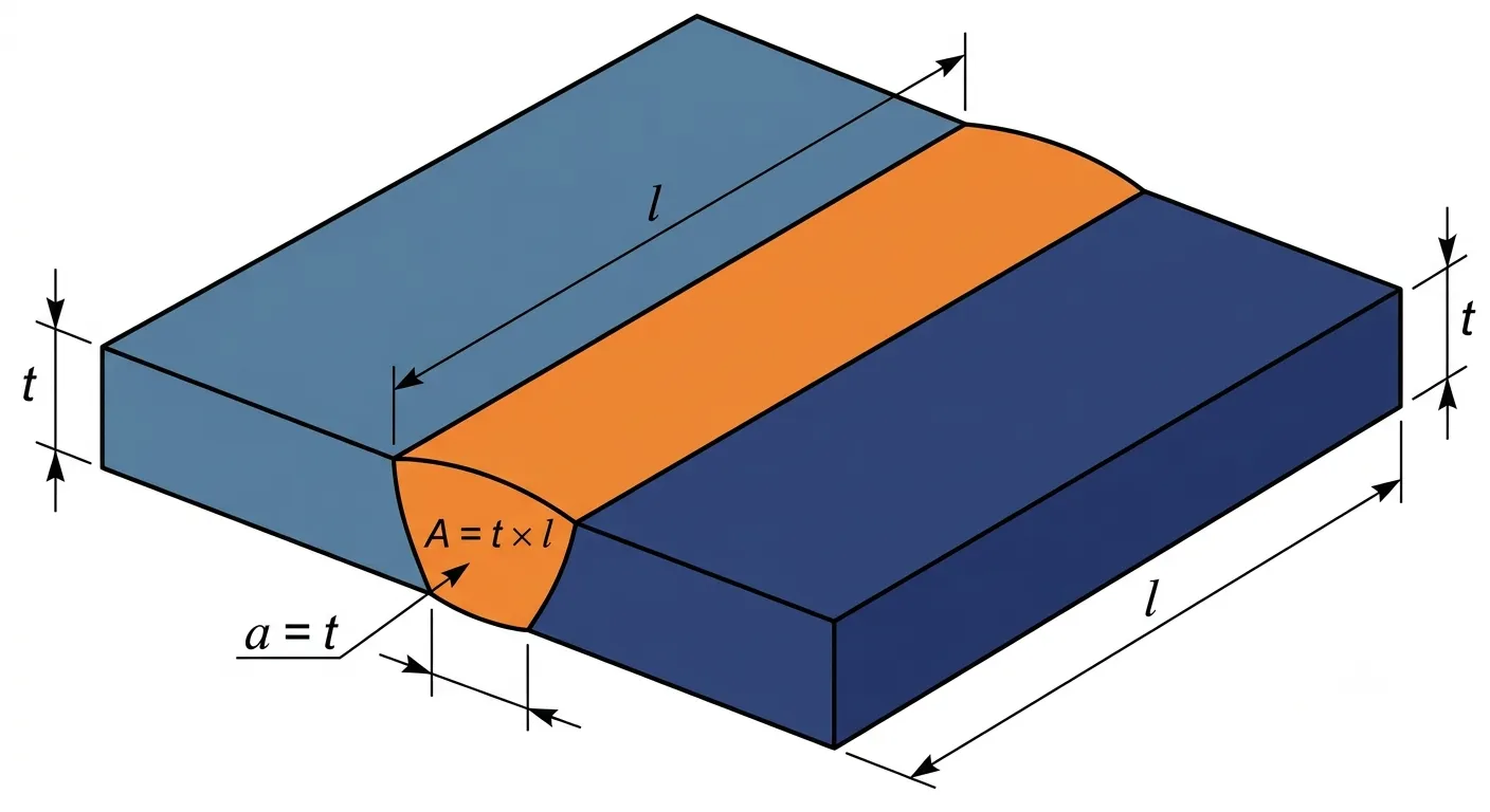完全溶込み溶接ののど厚 a=板厚 t と有効断面積 A=t×l を示す等角図